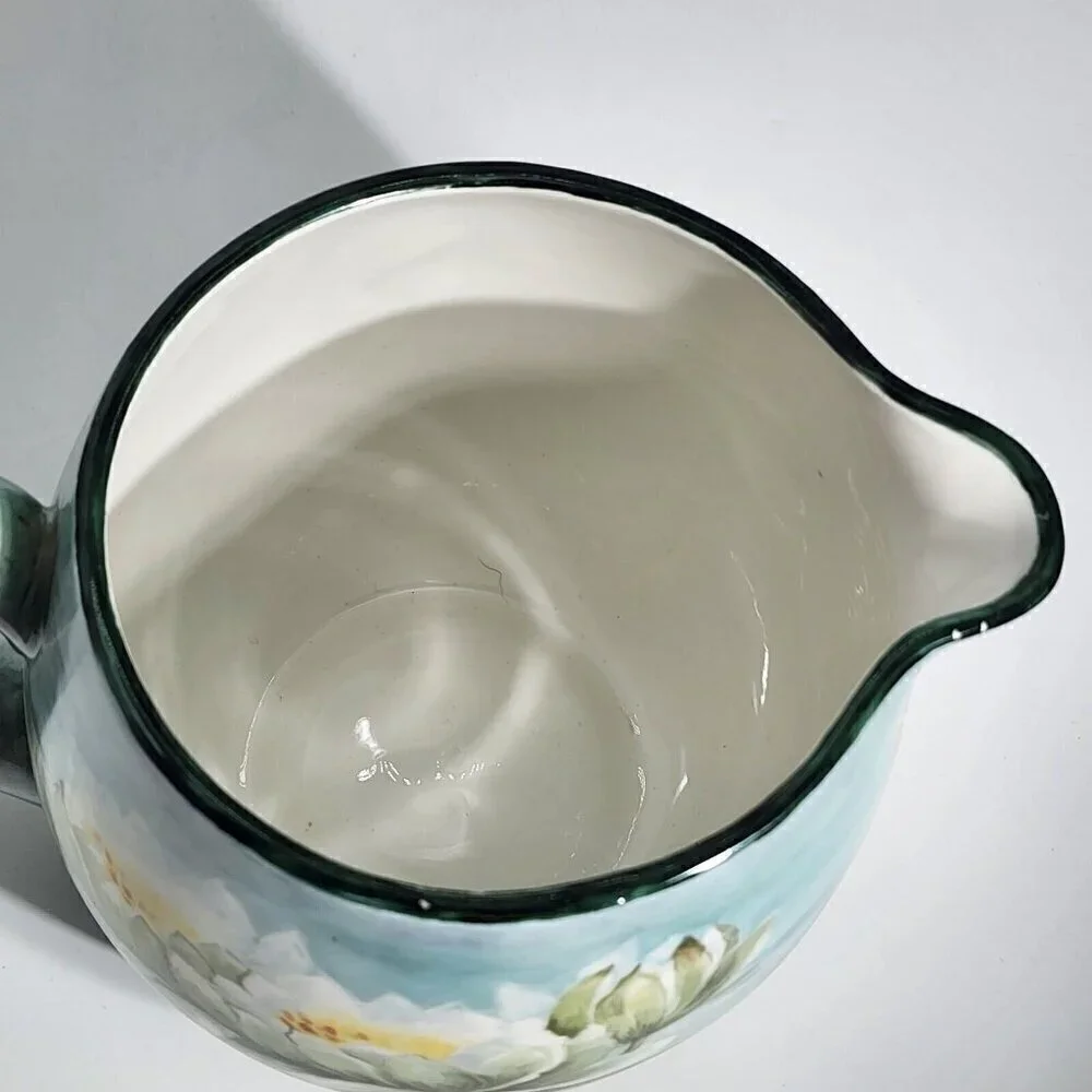 D&C France Vintage Hand Painted Pitcher and Glass Set of 7 Water Lily Green Trim